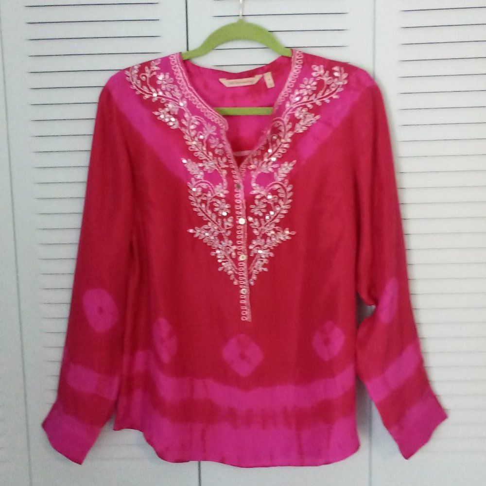 SOFT SURROUNDINGS 100% SILK Magenta Pink Tie Die Top Embroidered Sequins Size M